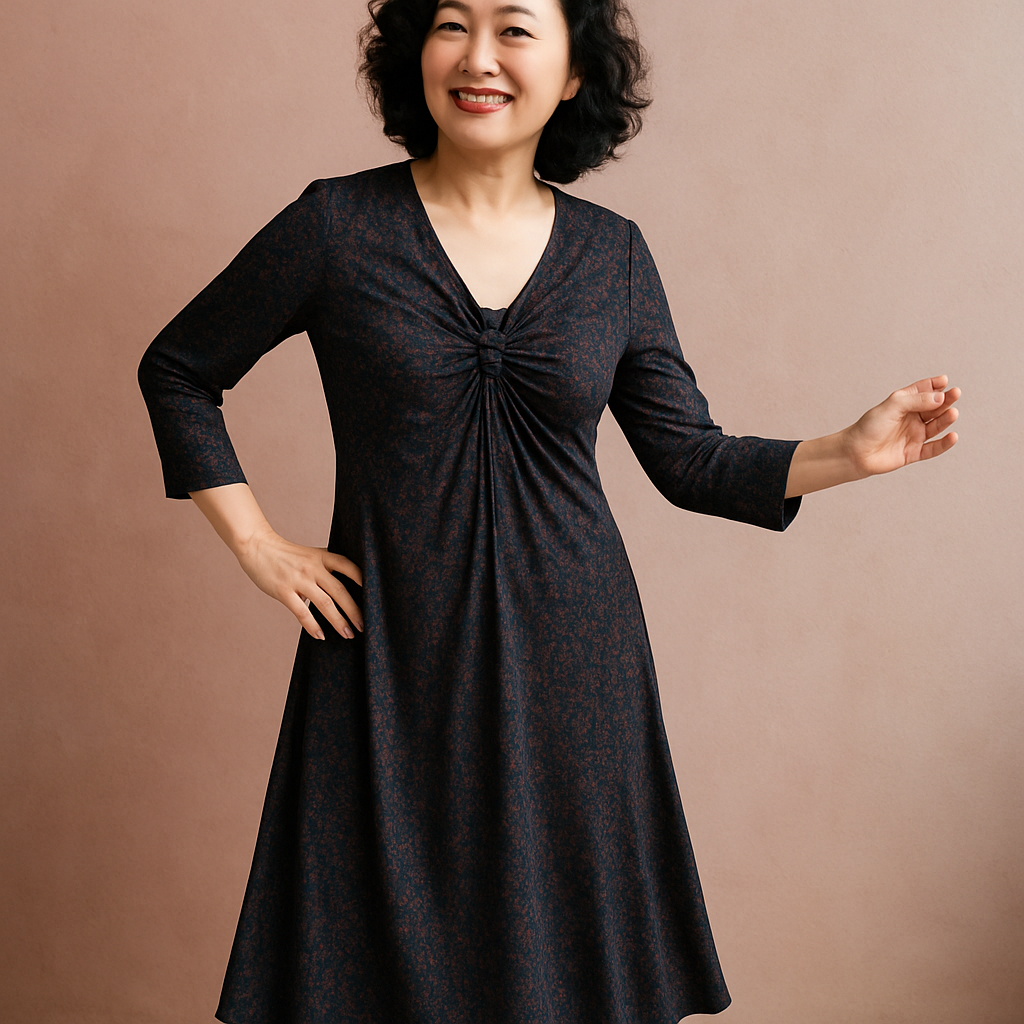 Navy Zip Front Ruching Dress