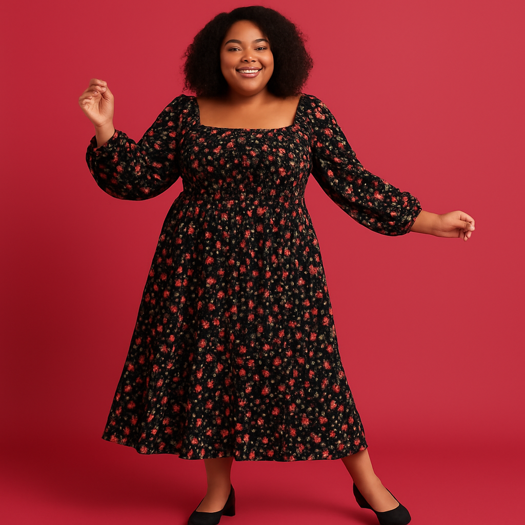 Ditsy Print Shirred Midi Dress