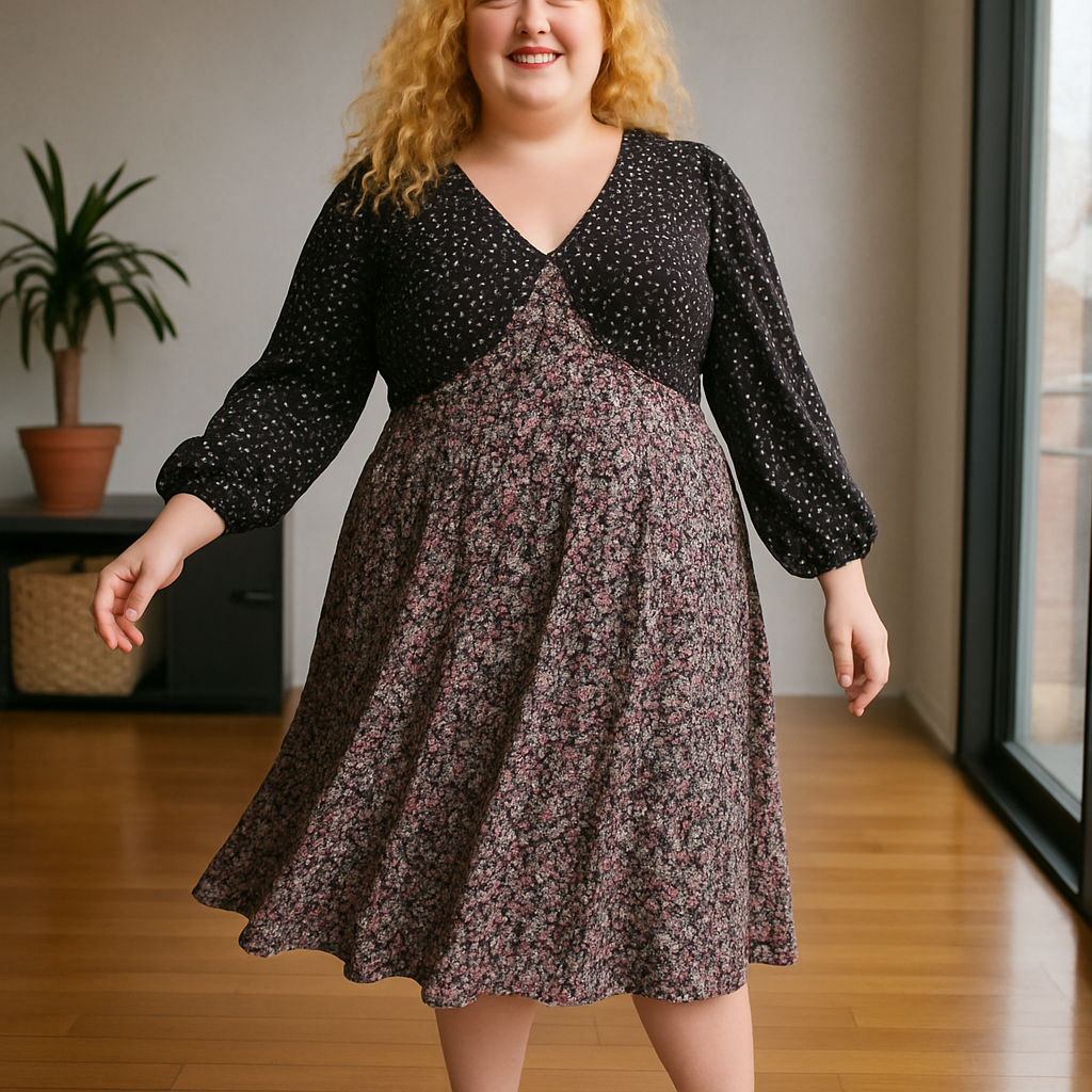 Mixed Floral Spot Print Long Sleeve Waffle Midi Dress