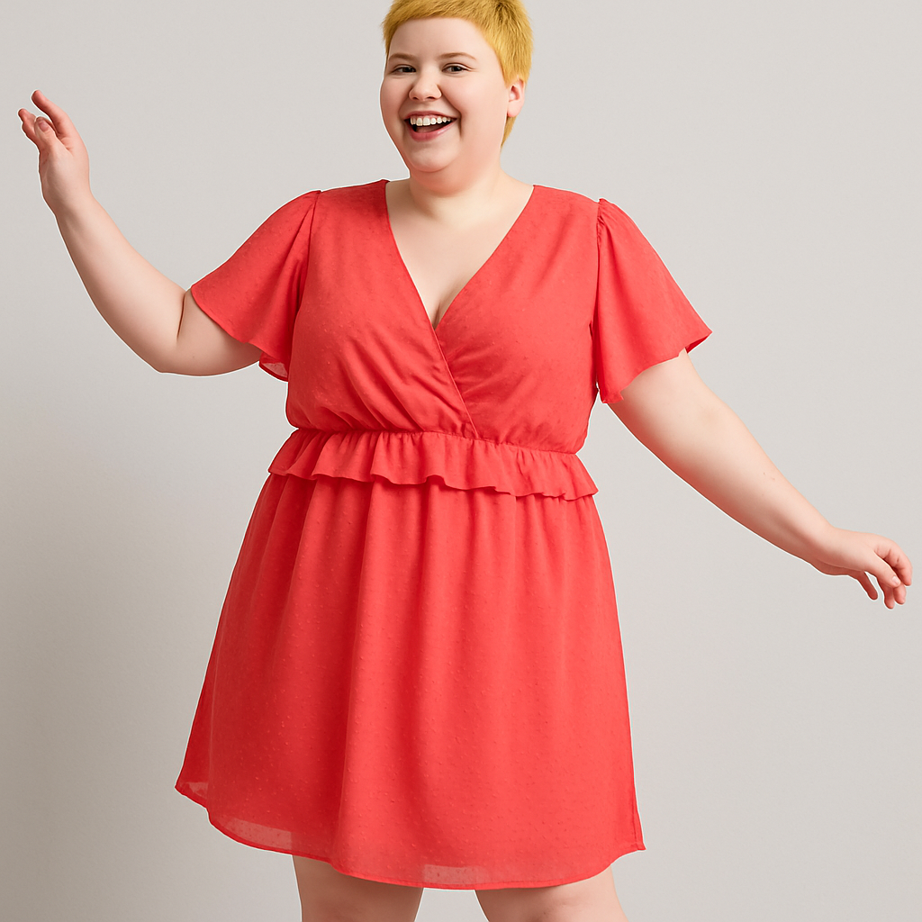 Red Dobby Ruffle Dress