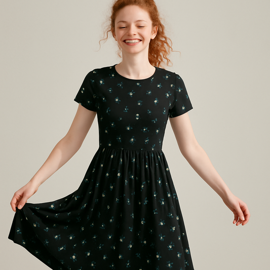 Black Ditsy Supersoft Midi Dress with Pockets UF921