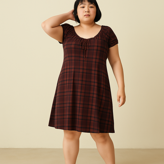 Brown Check Tie Keyhole Mini Dress
