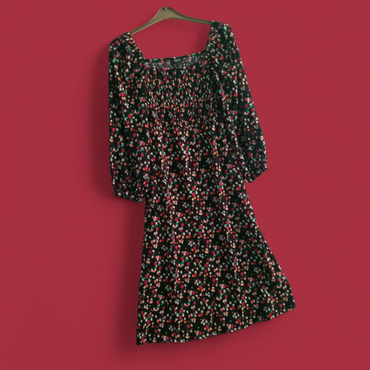 Ditsy Print Shirred Midi Dress OL685