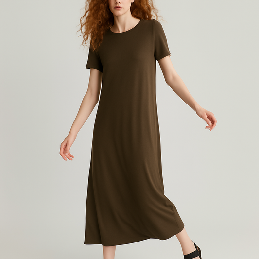 Khaki Viscose Midi T Shirt Dress