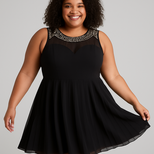 Black Sheer Yoke Embellish Pleated Dress
