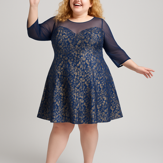 Blue Sheer Yoke Lace Dress